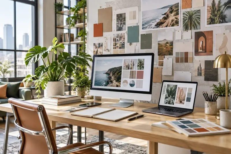 Espacio de trabajo moderno de marketing con mood board y pantallas de ordenador en una oficina luminosa