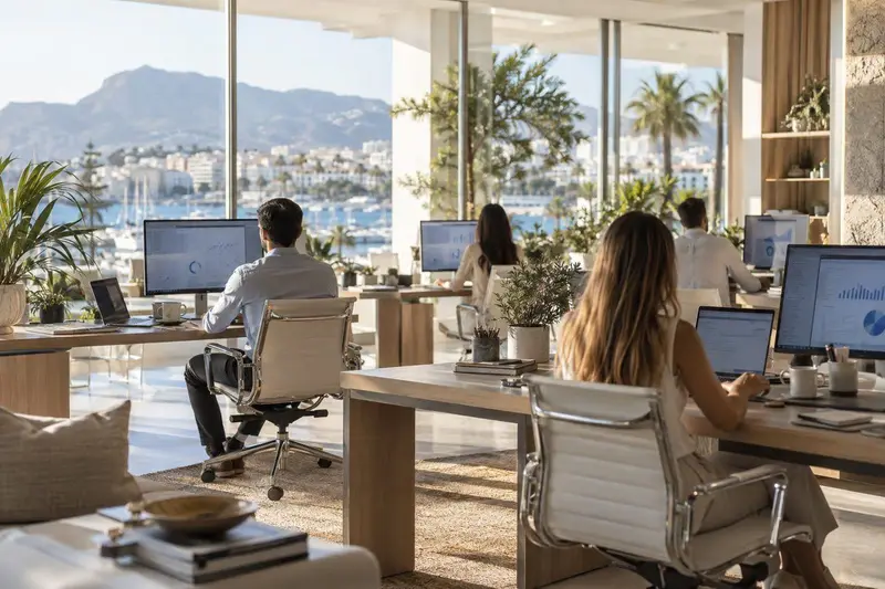 Oficina de agencia digital moderna y luminosa en Marbella con un equipo trabajando frente a pantallas