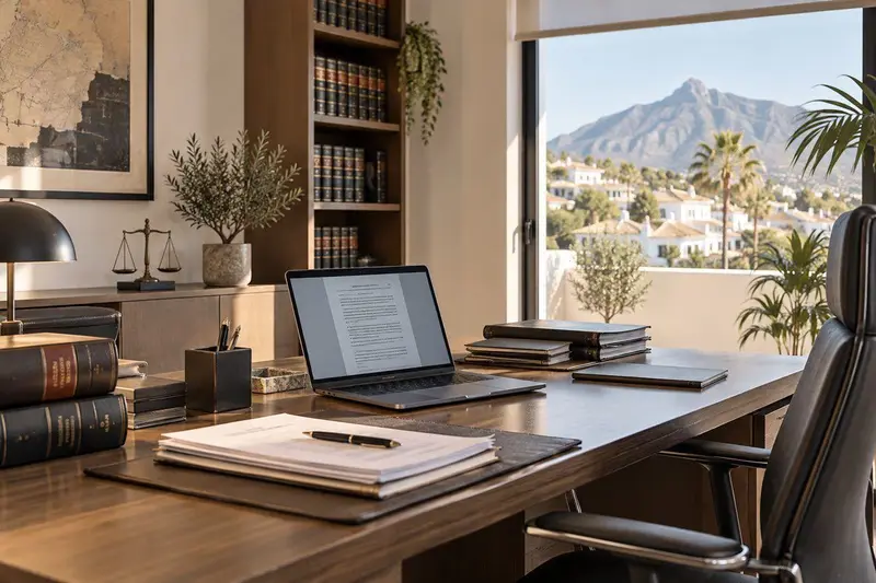 Despacho de abogados moderno en San Pedro Alcántara con ordenador y documentos legales