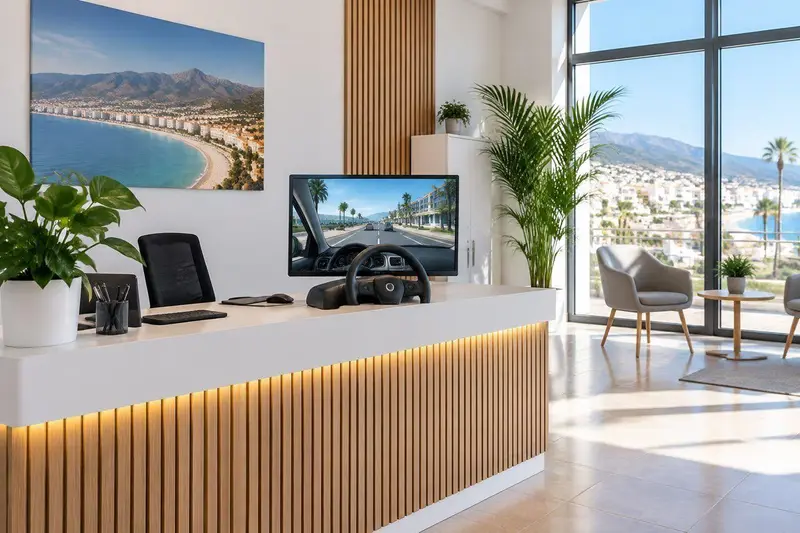 Recepción moderna de una autoescuela con ordenador y simulador de conducción en la Costa del Sol