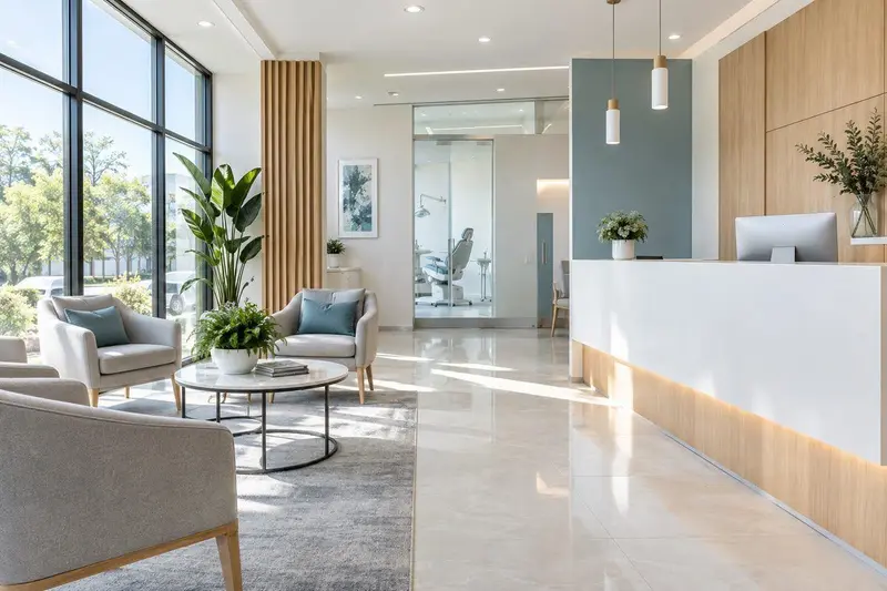 Recepción moderna y luminosa de una clínica dental con mostrador y zona de espera elegante