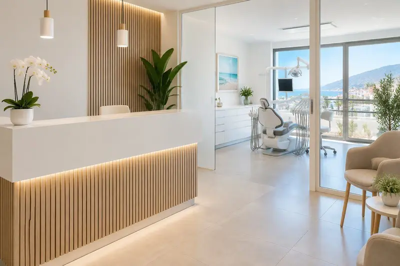 Recepción de una clínica dental moderna en Fuengirola con luz natural y un mostrador de recepción