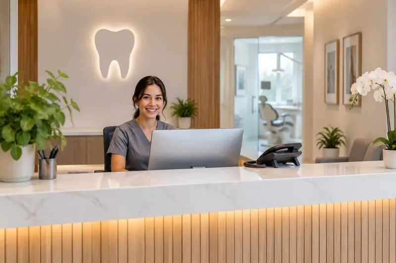 Recepción de una clínica dental moderna en Ronda con ordenador y teléfono, luz cálida y ambiente acogedor