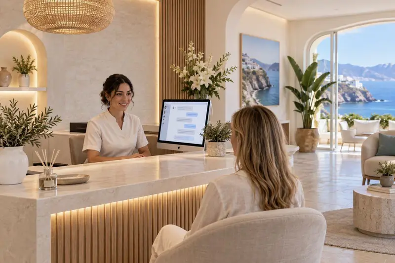Recepción de una clínica estética en Nerja con una agente atendiendo consultas por chat en una pantalla
