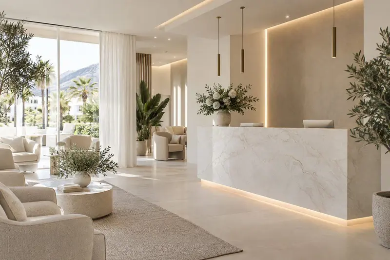 Recepción luminosa de una clínica estética moderna en San Pedro Alcántara, con mostrador y zona de espera