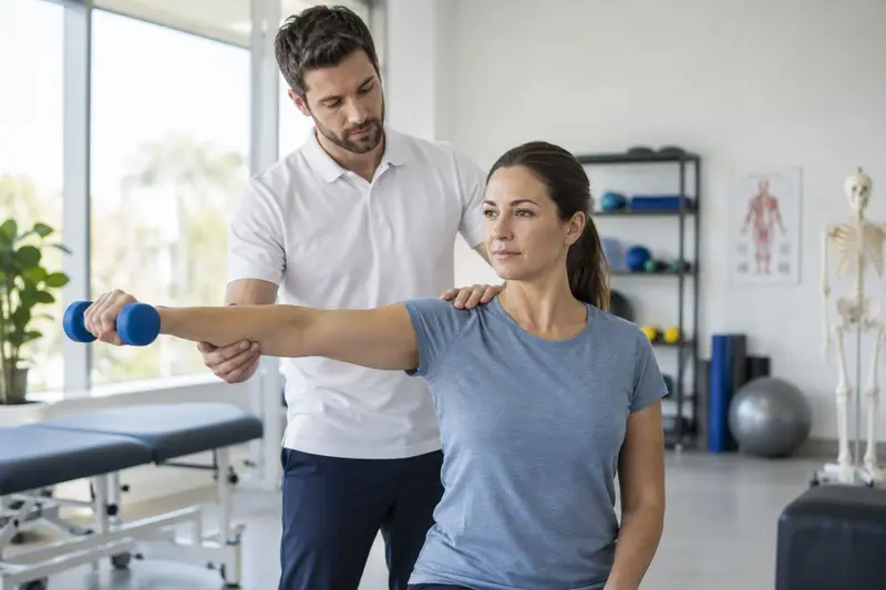 Fisioterapeuta ayudando a un paciente con un ejercicio en una clínica moderna en Benahavís