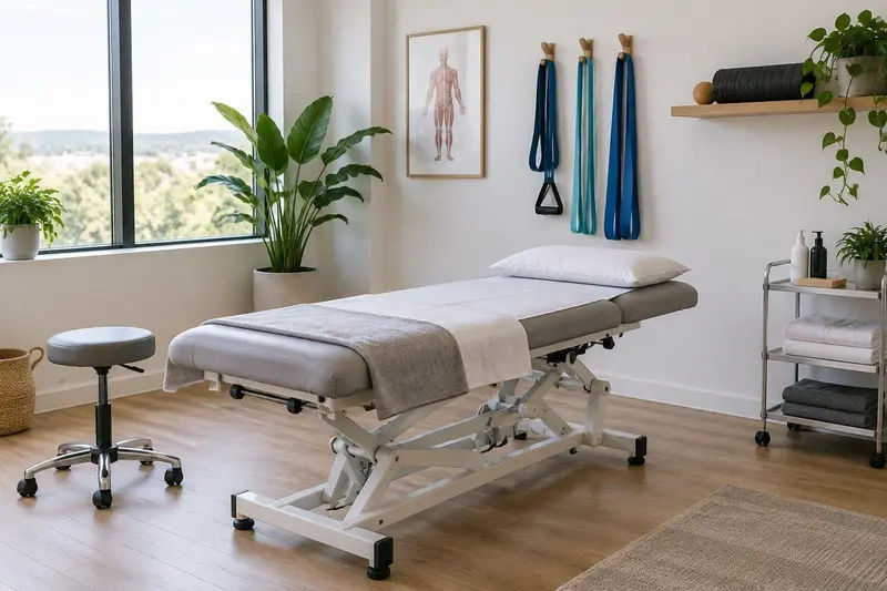 Sala de fisioterapia moderna y luminosa con camilla y material de rehabilitación