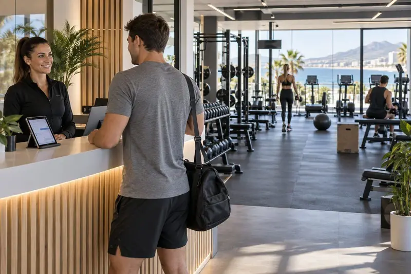 Recepción de un gimnasio moderno en Fuengirola con una tablet mostrando un chat