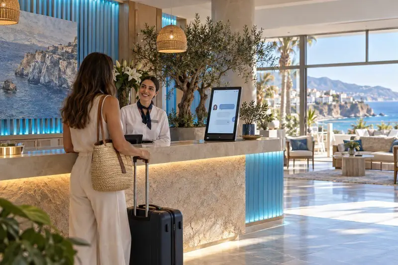 Recepción de un hotel en Nerja con pantalla de conserje digital
