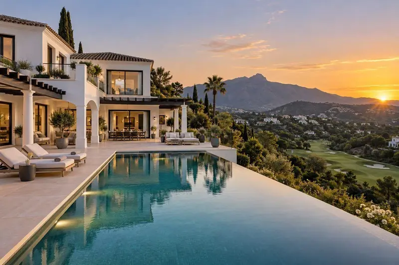 Villa andaluza de lujo con piscina infinita en Benahavís al atardecer