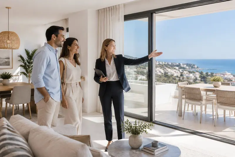 Agente inmobiliario mostrando un piso con vistas al mar en Benalmádena