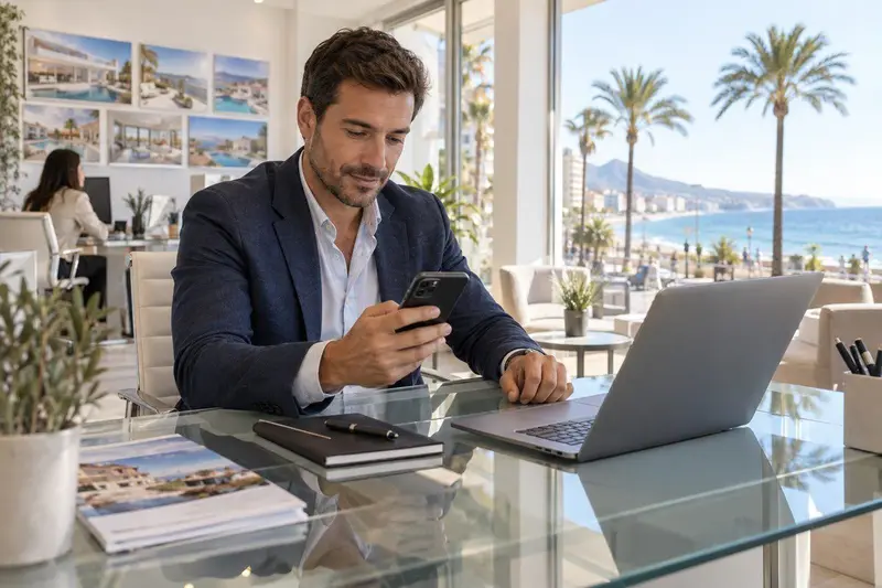 Agente inmobiliario en Fuengirola respondiendo consultas desde el móvil en su oficina