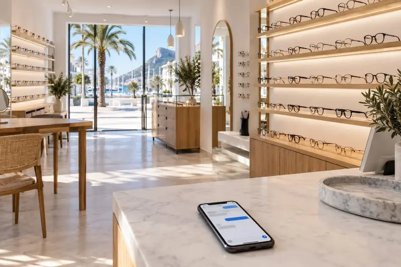 Interior de una óptica moderna en Estepona con gafas expuestas y un móvil mostrando un chat