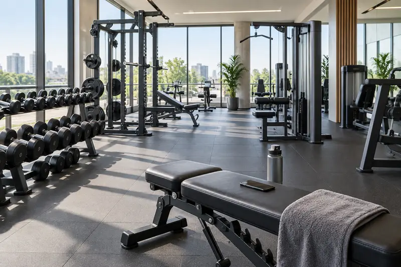 Interior luminoso de un gimnasio moderno con máquinas y mancuernas ordenadas y un smartphone sobre un banco