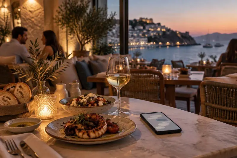 Interior de un restaurante moderno en Benalmádena con un móvil mostrando una conversación de reservas