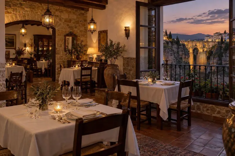 Interior de un restaurante andaluz en Ronda al atardecer con mesa puesta