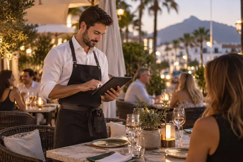 Restaurante en San Pedro Alcántara con camarero usando una tablet en la terraza
