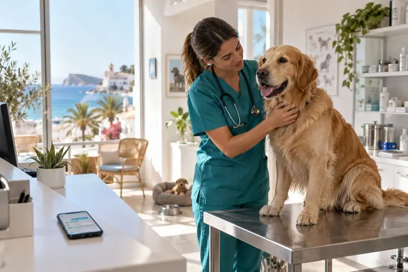 Veterinaria examinando a un perro golden retriever en una clínica veterinaria de Benalmádena con vistas al mar