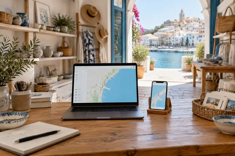 Dueño de un negocio local en Benalmádena trabajando en Google Maps desde su portátil y móvil