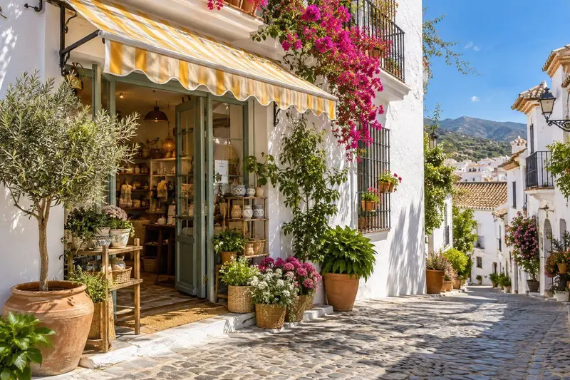 Fachada de un pequeño comercio en un pueblo blanco andaluz con toldo y plantas