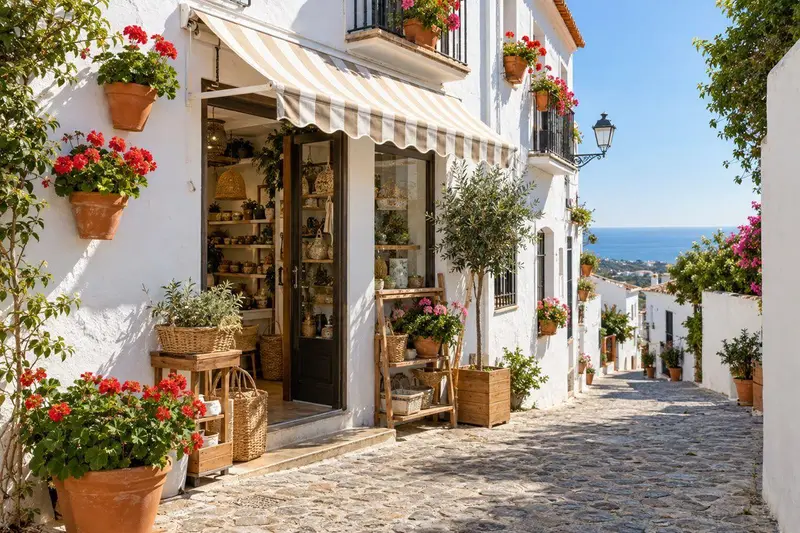 Fachada de un comercio en un pueblo costero blanco andaluz con macetas y toldo
