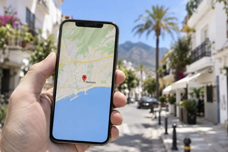 Empresario en Marbella dando de alta su negocio en Google Maps desde el móvil