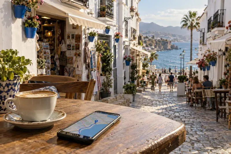 Calle blanca andaluza de Nerja con tiendas locales y el mar Mediterráneo al fondo