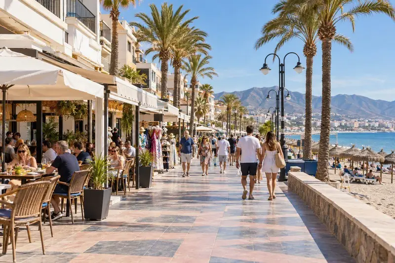 Paseo marítimo de Torremolinos con tiendas y terrazas de restaurantes en un día soleado del Mediterráneo