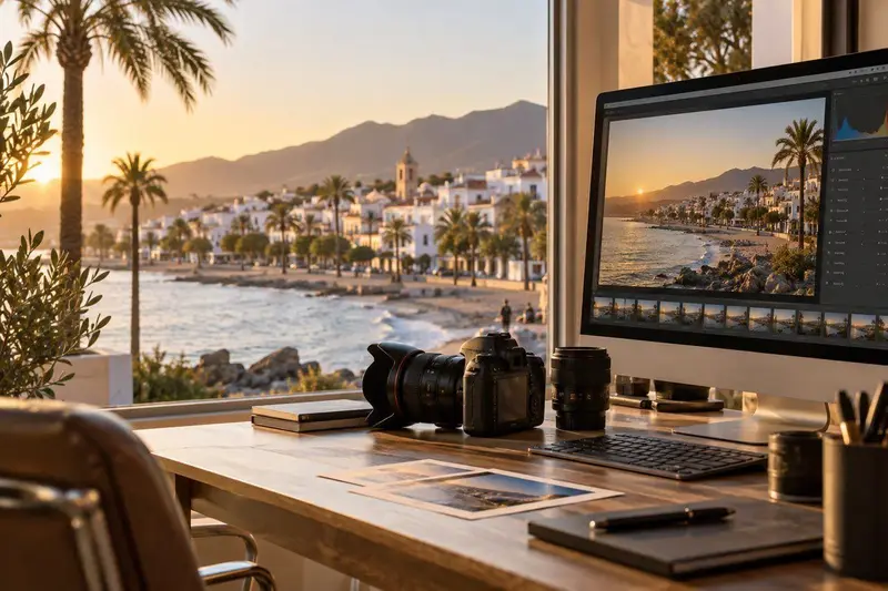 Software con inteligencia artificial para fotógrafos en Estepona: estudio de fotografía con cámara y pantalla de edición frente a la costa andaluza