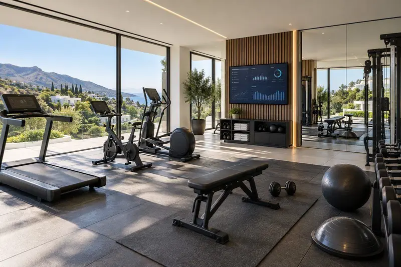 Gimnasio moderno en Benahavís con equipamiento deportivo y un panel de gestión en una pantalla