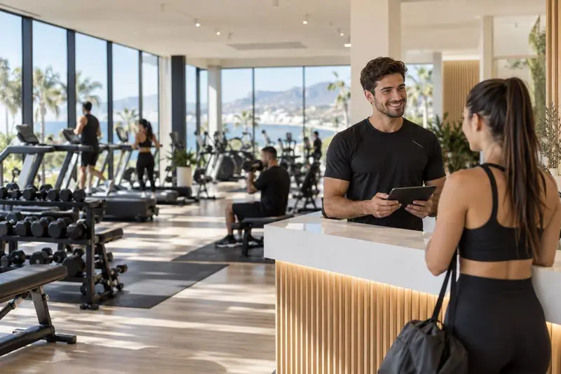 Gimnasio moderno y luminoso con máquinas y mancuernas y un entrenador atendiendo a un socio