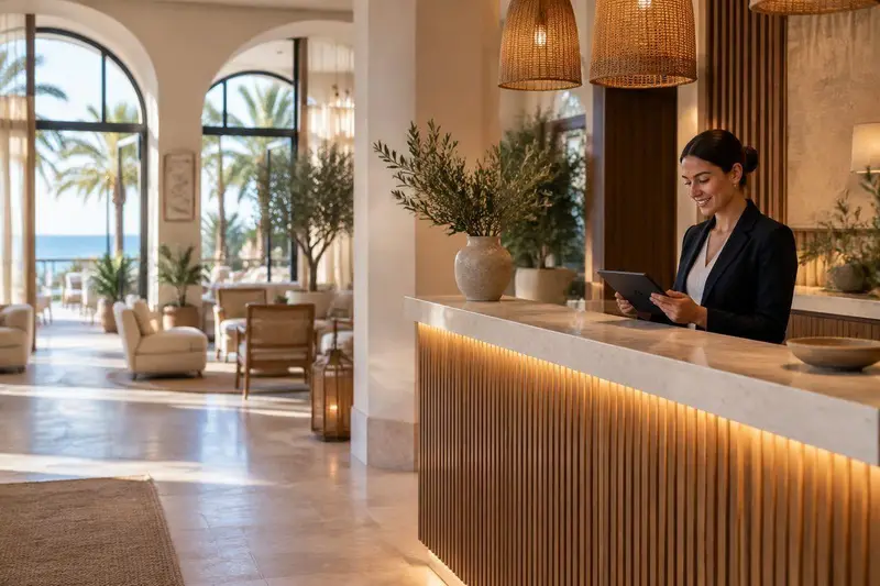 Recepción de un hotel moderno con un recepcionista usando una tablet en San Pedro Alcántara