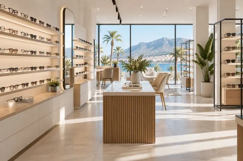Interior de una óptica moderna con expositores de gafas, diseño minimalista y luz natural en la Costa del Sol