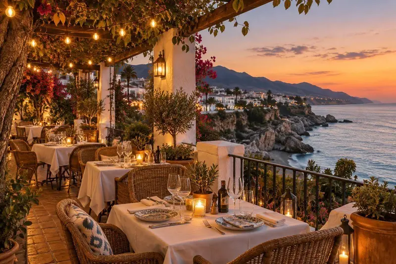 Terraza de un restaurante mediterráneo en Nerja con vistas al mar
