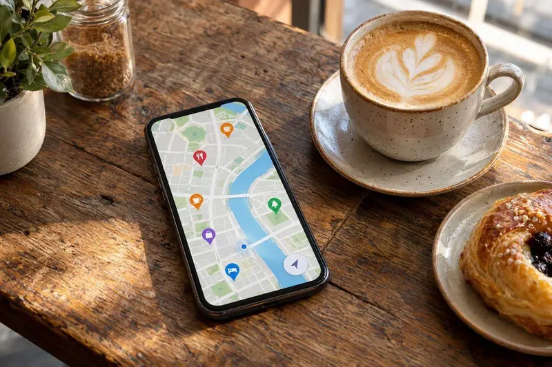 Mapa de Google en un móvil con pines de negocios locales sobre una mesa de cafetería