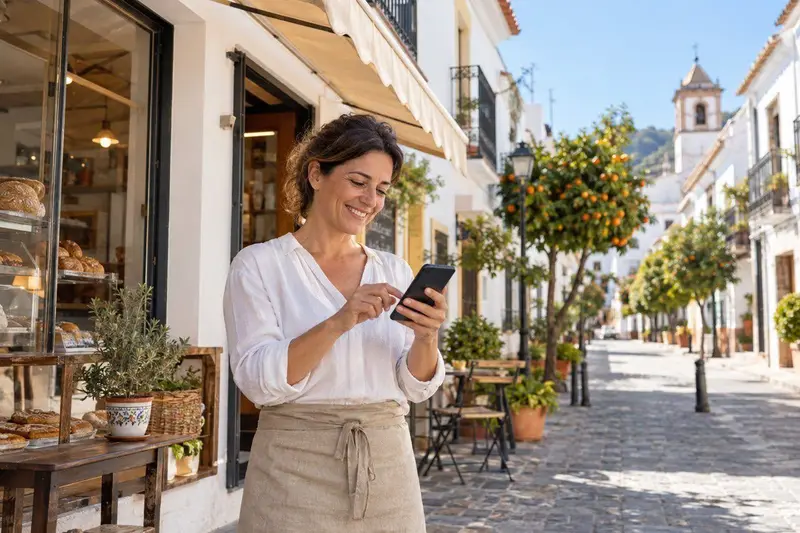 Comerciante en una calle andaluza de Coín revisando su negocio en Google Maps