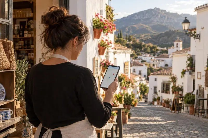 Negocio local en una calle blanca de Ojén con su ficha de Google Maps abierta en el móvil