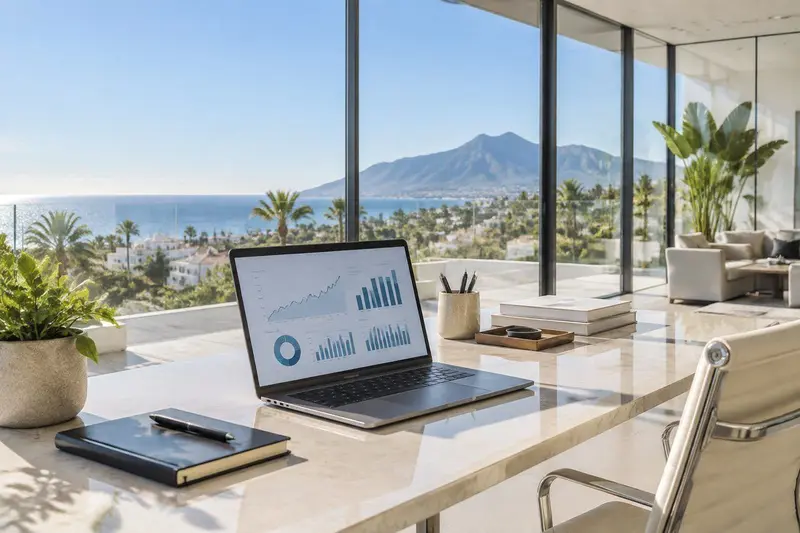 Escritorio de oficina moderno y luminoso con un portátil mostrando gráficos de analítica web en una oficina acristalada de Marbella