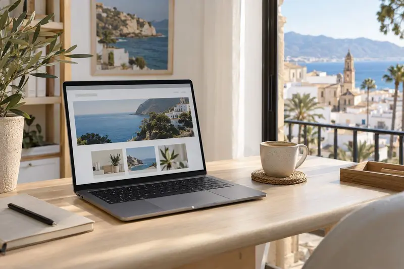 Portátil en un escritorio luminoso de una oficina de Estepona mostrando una web sencilla, con cuaderno y café