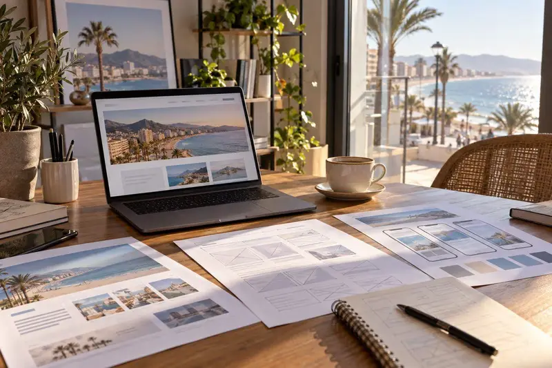 Escritorio de una pequeña agencia web con portátil y planos de diseño