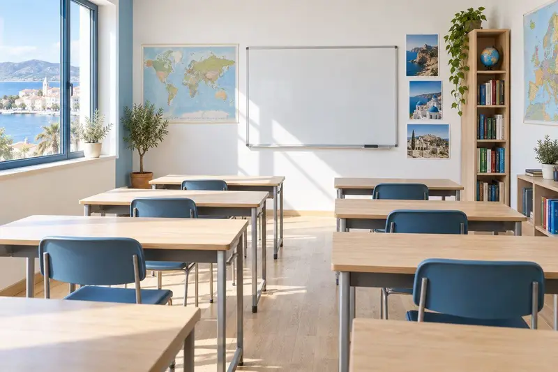 Aula luminosa de una academia de idiomas con mesas, sillas y ventanal