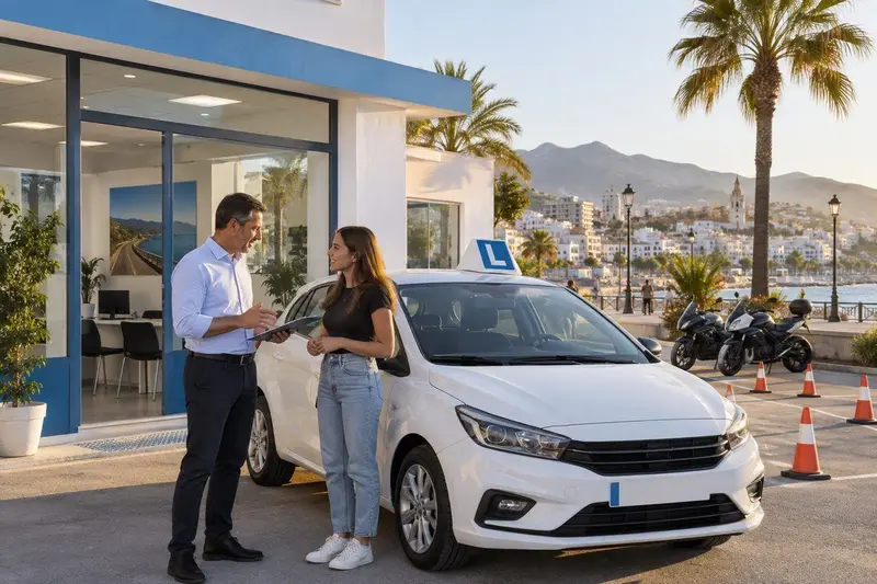 Fachada de una autoescuela en Estepona con un coche de prácticas y un alumno con el móvil