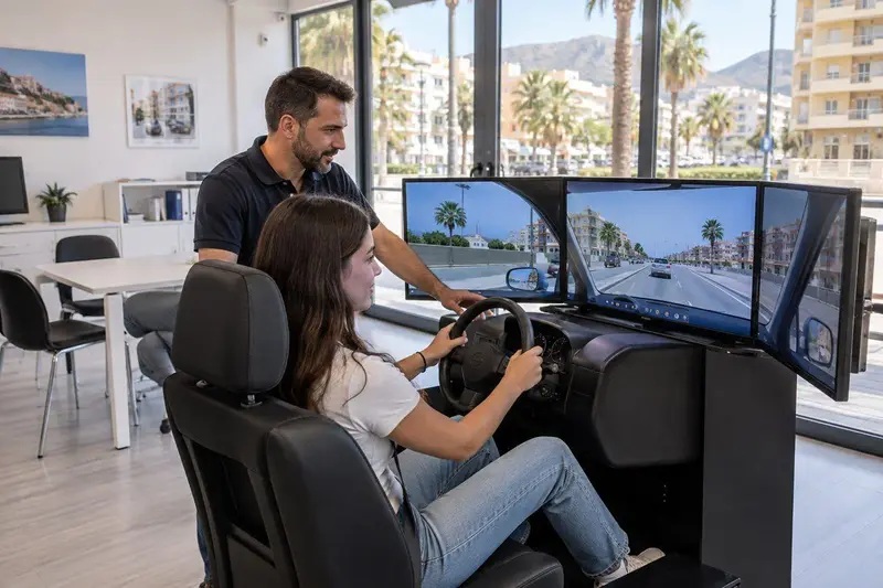Interior de una autoescuela moderna en Fuengirola con un alumno practicando en un simulador de conducción