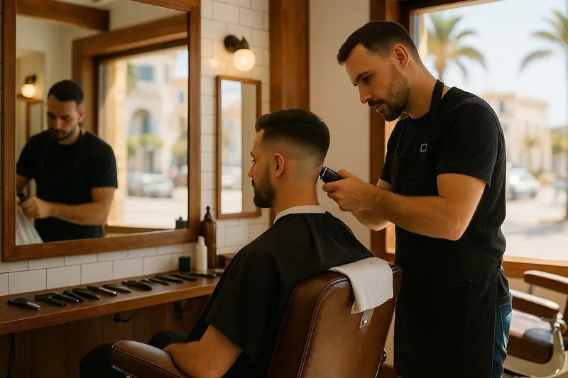 Barbero cortando el pelo a un cliente en una barbería moderna de Benalmádena