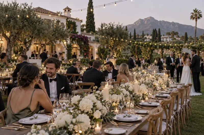 Boda al aire libre en un jardín de San Pedro Alcántara con mesas decoradas