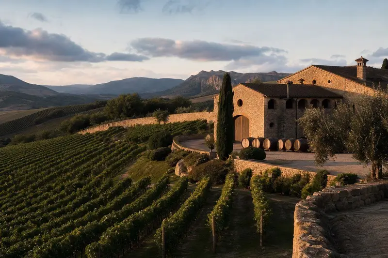 Bodega en Ronda rodeada de viñedos al atardecer