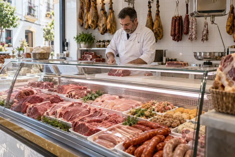 Una carnicería artesana sacando bandejas de cortes de carne y embutidos en un mostrador de cristal, luz natural