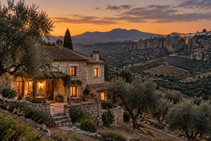 Casa rural de piedra en la serranía de Ronda al atardecer