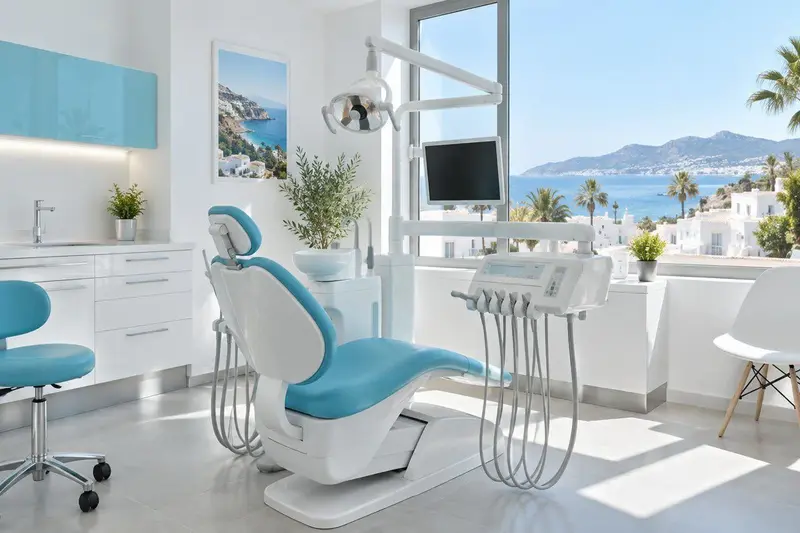 Interior de una clínica dental moderna y luminosa en Mijas, con sillón dental y tonos blancos y cian