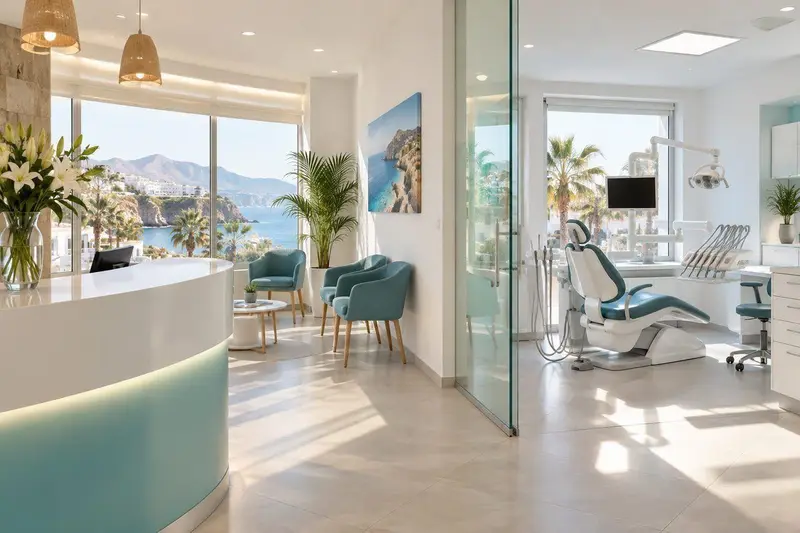 Recepción de una clínica dental moderna y luminosa en Nerja